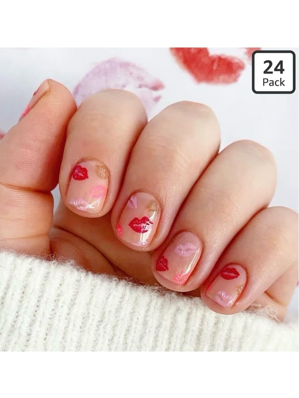 Pink Nude Short Square Press-On Nails With Kiss Lips Design Coquette Feminine